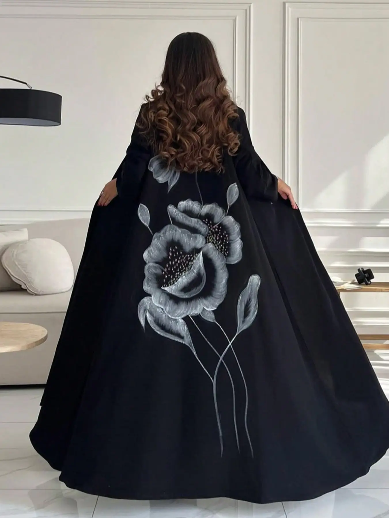 Hand-Painted Floral Embroidered Long Robe Jilbab, Loose-Fitting Elegant For Muslim Women's Clothing, Lightweight Slimming Cardigan, Modest Muslim Outfits, Islamic Modesty Clothes