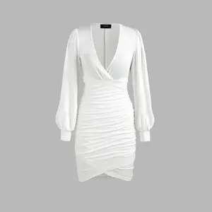 Cider [3 colors, size 2-26] Solid Ruched V-neck Dress