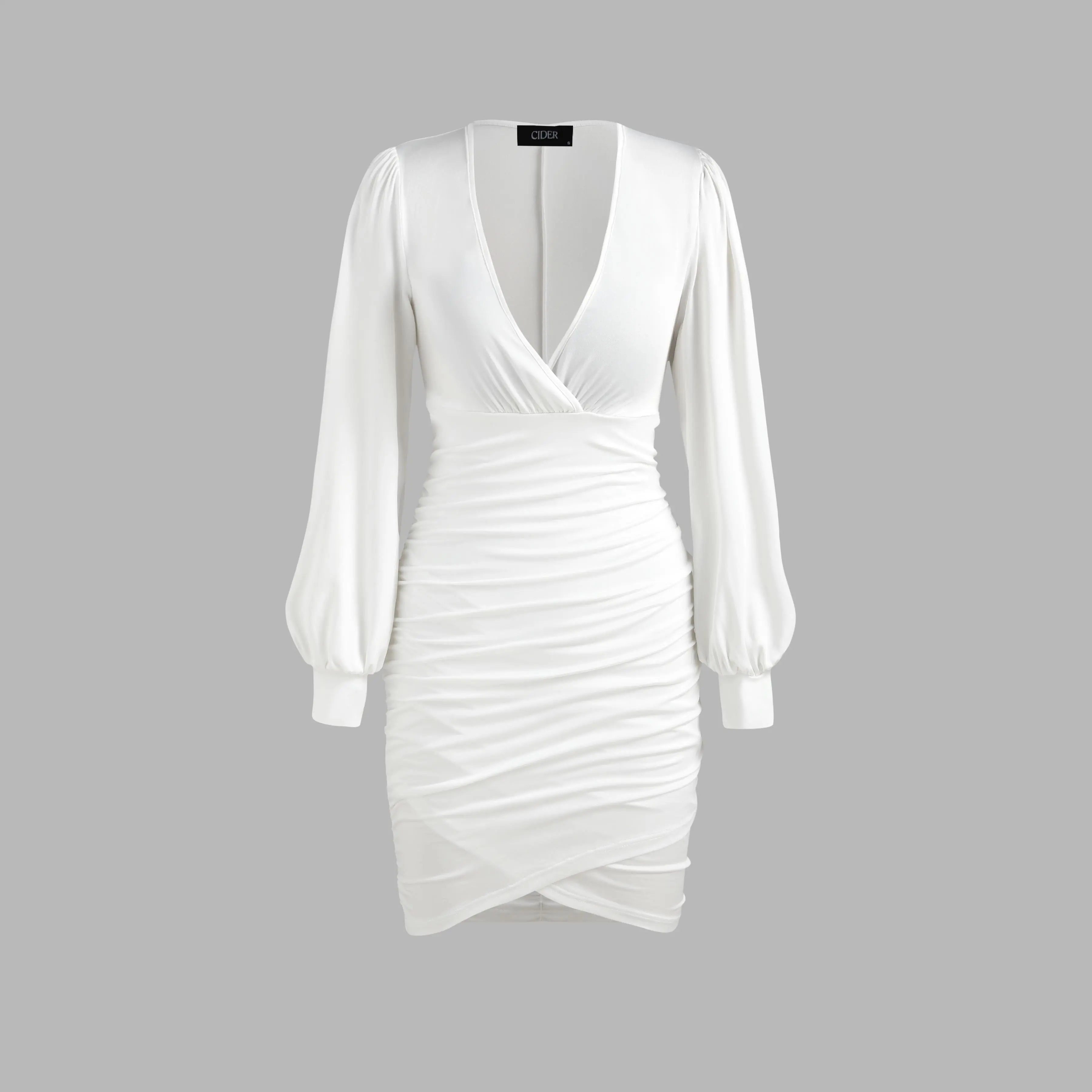 Cider Women's Elegant Solid V-Neck Ruched Bodycon Dress, Chic Short Sleeve Fitted Basic Mini for Party and Casual Wear, Lady, Long Sleeve