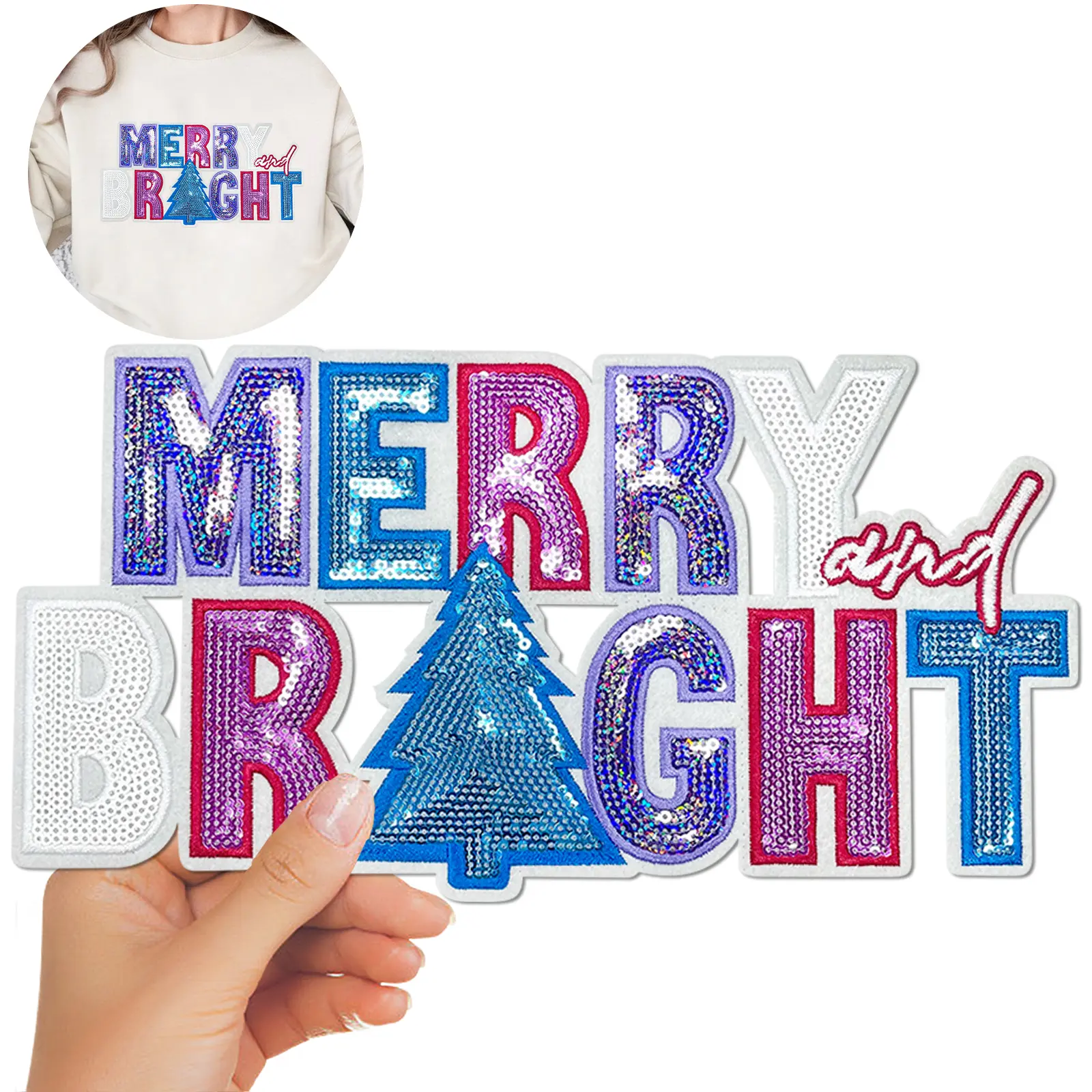 Merry and Bright Iron-On Sequin Patches Cute Christmas Embroidered Applique Large DIY Fashion Accessories Trendy Decoration for Clothing Backpacks