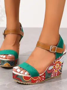 Women's Wedge Heel Round Toe Open Toe Waterproof Platform Buckle Adjustable Easy Slip-On Multi-Color High Heels Elegant Fashion Shoes