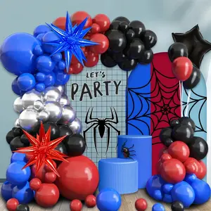108 pieces of Black Red Blue Silver Balloon Arch Wreath Set, Red Blue Explosion Star Aluminum Foil Balloon Spider Theme Balloon Arch Set, suitable for decorating boy spider themed birthday party scenes, bathing decorations