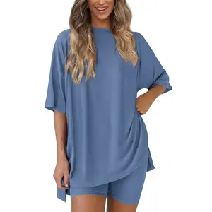 Women's 2-Piece Solid Color Lounge Set: Oversized Crewneck Half-Sleeve Tunic Top with Matching Biker Shorts - Plus Size Tracksuit