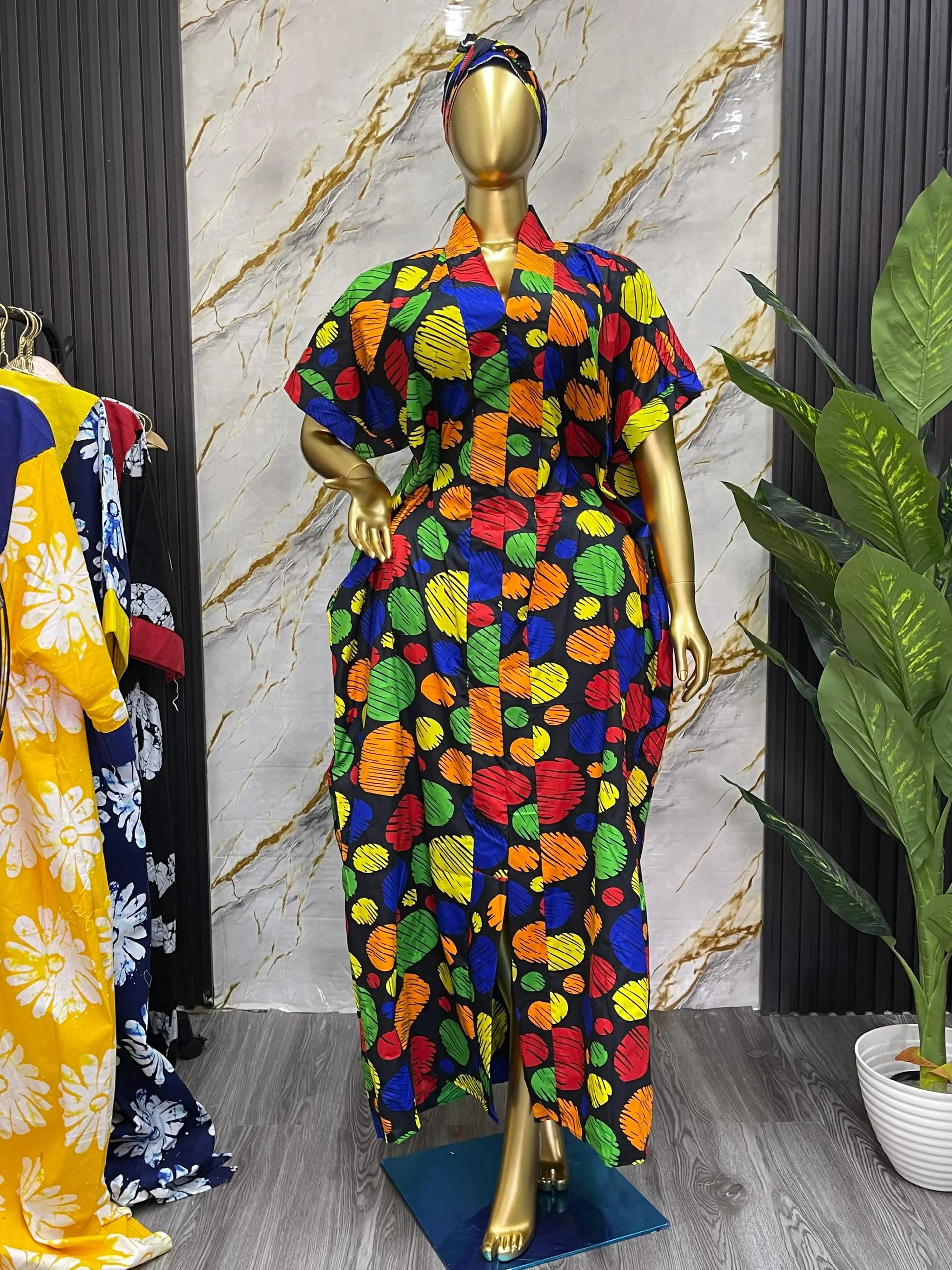 Women's Short-Sleeve Printed Ankara Fabric Boubou Dress - Modest & Chic, Comfortable Casual Pull-On Dress with Adjustable Tie, 1 Size Newly Sewn