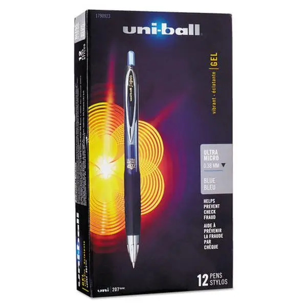 Uni-Ball 207 Signo Ultra Micro Retractable Gel Pen, UBC Model, 0.38 mm Conical Extra-Fine Blue Ink, Smoke Barrel, 3-Way Protection, Comfortable Grip, Office Stationery Writing Tool, Blue Ink Pens & Refills, 0.38Mm