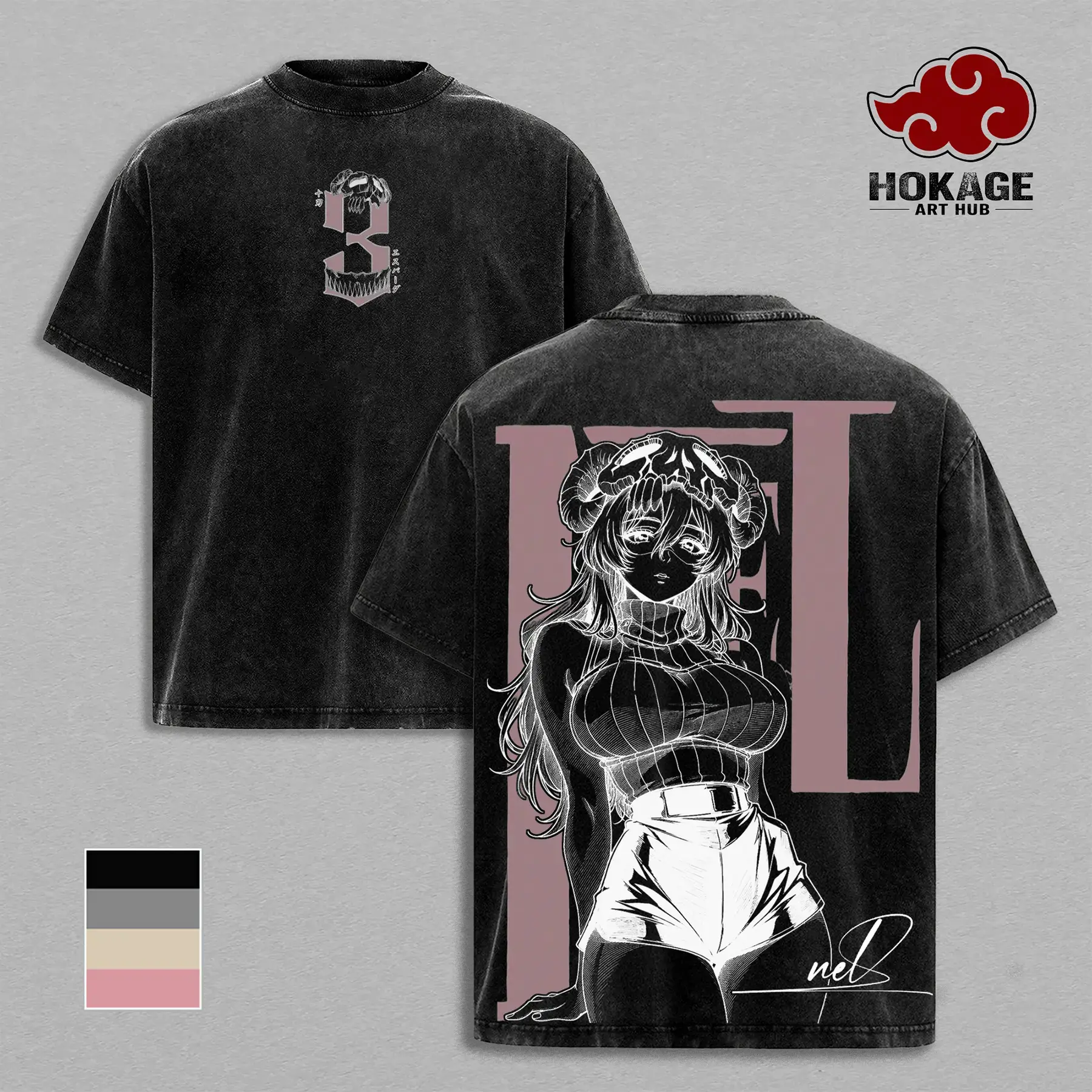 Nelliel Bleach TYBW Part 4 Nel Espada Hollow Mask Waifu Double Printed Menswear Tshirt, Vintage Washed Breathable Fabric Relaxed Fit Heavy Cotton Oversized Short Sleeve, 90s American Casual Gym Streetwear Gift For Anime Fans