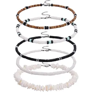 Puka Shell Necklace Set - 5Pcs Adjustable High-Quality Seashell & Coconut Beads Necklaces for Men Women Beach Jewelry Gift Modern Versatile Accessories