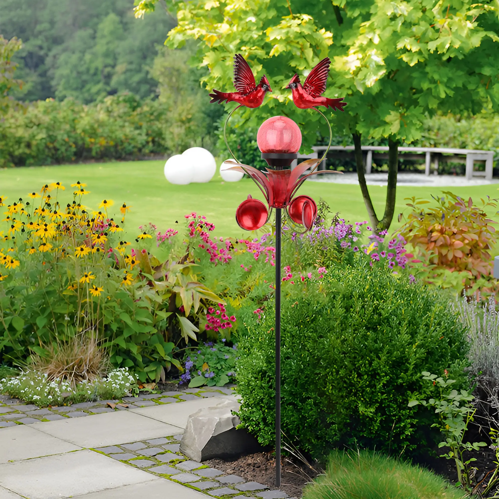 MUMTOP 38-in Solar Cardinal Bird Decorative Wind Spinner Garden Stake, Weather-Resistant, Multicolor Red, LED Light, Crackle Glass Ball, Christmas Accent Piece, All Seasons Garden Statues & Sculptures