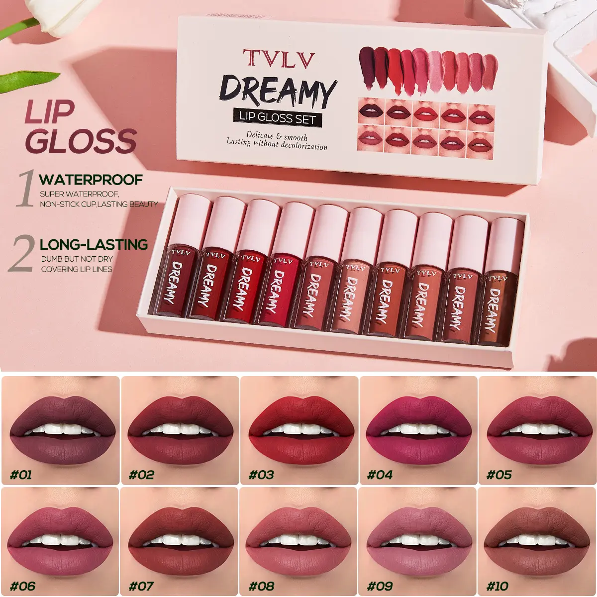 Tvlv10 Matte Dream Lip Gloss Set, Glam Tint Set, Long Lasting Lipgloss, Waterproof Long-Lasting, Non-Fading, Velvet Water-Resistant Matt Finish, Multi-Color Series, Adult Makeup Gift Box, Lip Tint Stain, Lip Product, Matte Liquid Lip
