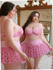 3 Piece Sexy Lingerie Set Floral Mesh Underwire Padded Ruched Skirt Plus Size Date Night