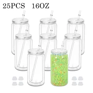 25pcs 16 Oz Acrylic Snowglobe Tumbler, 20 Pack Pre-Drilled Double Wall Plastic Clear Cup for Glitter Snow Globe Diy, Double Wall Plastic Snowglobe Cup with Clear Lid