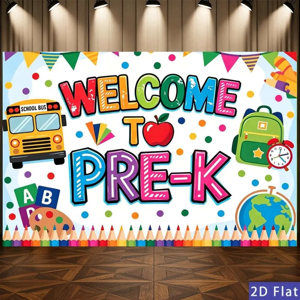 2D Flat Banner Polyester Photography Backdrop, HD Printed Soft Lightweight Foldable Background Cloth, Colorful Welcome to Pre-K School Bus Backpack Pencils Design for Preschool Back to School Party Event Photo Booth and Studio Dec