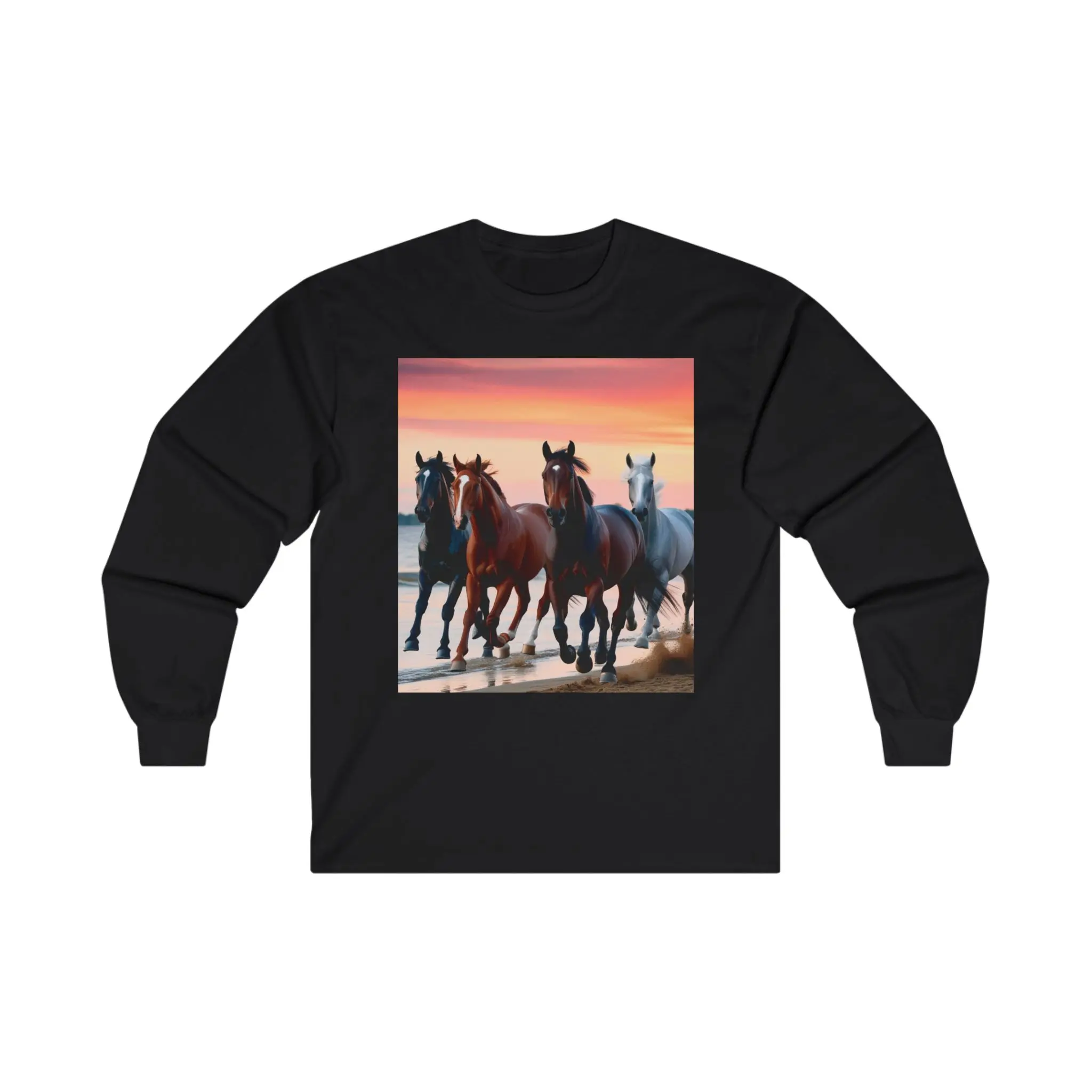 Sunset Gallop: Four Majestic Horses Racing Along the Shoreline Unisex Ultra Cotton Long Sleeve Tee