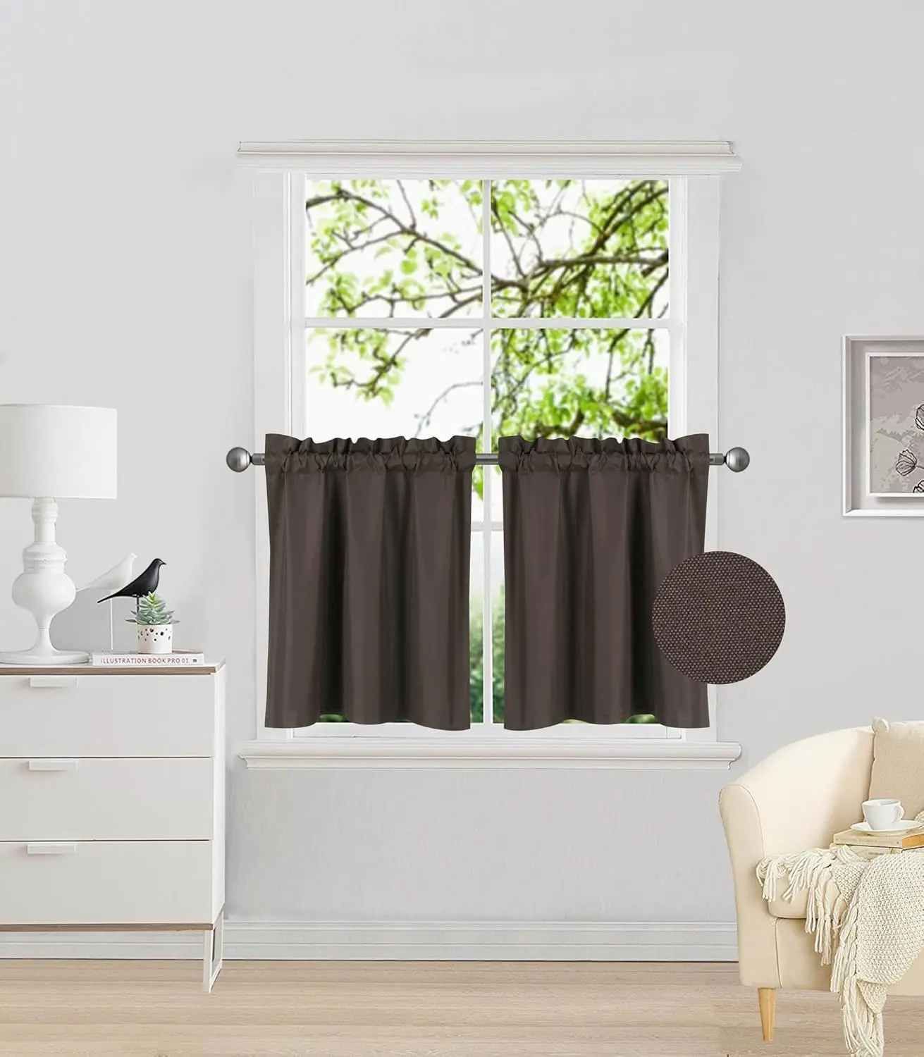 2 Panels Tiers Small Window  Curtain Insulated Blackout Drape Short Panel 30" W X 24" L Each for Kitchen Bathroom or Any Small Window # R16 (Brown/Coffee)