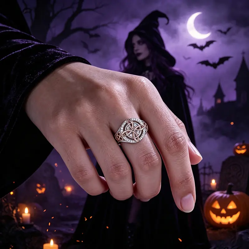Celtic Witch Knot Ring - Retro Double-Layer Good Luck Talisman with Interlocking Cross Design, Sparkling Cubic Zirconia, Brass Base, Hollow Band, Comfortable Fit, Retro Look for Daily Wear, Irish Religious Gifts, Sparkle Stones