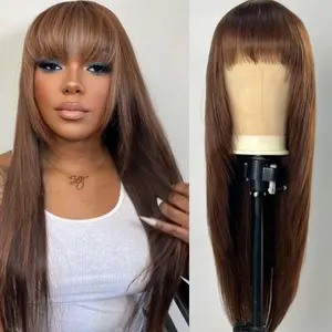 Unice 4x2 Lace Closure #4 Chocolate Brown Yaki Straight Glueless Human Hair Wig with Bangs (Lace Closure Wigs), Glueless Wigs Human Hair