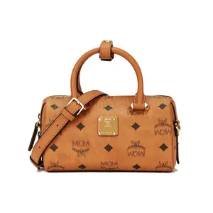MCM Essential Visetos Original Monogram Coated Canvas Mini Boston Bag for Women in Brown and Cognac Handbag Sling Bag Fashionable Unique Bags