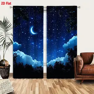 2D Flat Twinkling Stars & Crescent Moon Blackout Curtain 2-Piece Set, Home Decoration Curtain, Dark Night Sky Printed Light Filtering Curtains with Tree Silhouette, Fluffy Clouds Design, Soft Glow Aesthetic for Bedroom Living Room