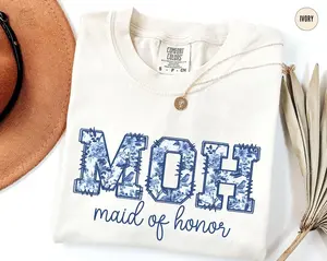 Blue Toile Floral Maid of Honor Shirt, MOH Proposal Shirt, Coquette Bridal Getting Ready Outfit, Luxury Bachelorette Graphic Tee, Girlfriend Tees