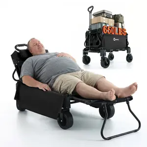 Folding Wagon 650LBS Capacity, 2-in-1 Wagons Carts Foldable with All-Terrain 360° Swivel Wheels, Converts to Lounge Chair, Collapsible Wagon for Beach Camping Garden