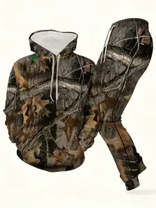 Men's camouflage print hoodie and joggers set, made from casual polyester knit fabric with stretch