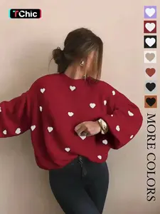 Women's Colorblock Heart Print Crew Neck Sweater, Casual Long Sleeve Jumper for Winter, Fashion Women's Knitwear for Daily Wear