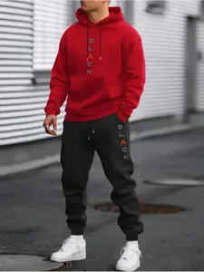 Men's Letter Print Zip Up Hoodie & Sweatpants Set, Regular Fit Casual Long Sleeve Hooded Sweatshirt & Jogger Pants, Men Two-piece Outfits for Fall & Winter, Streetwear Tracksuit Set