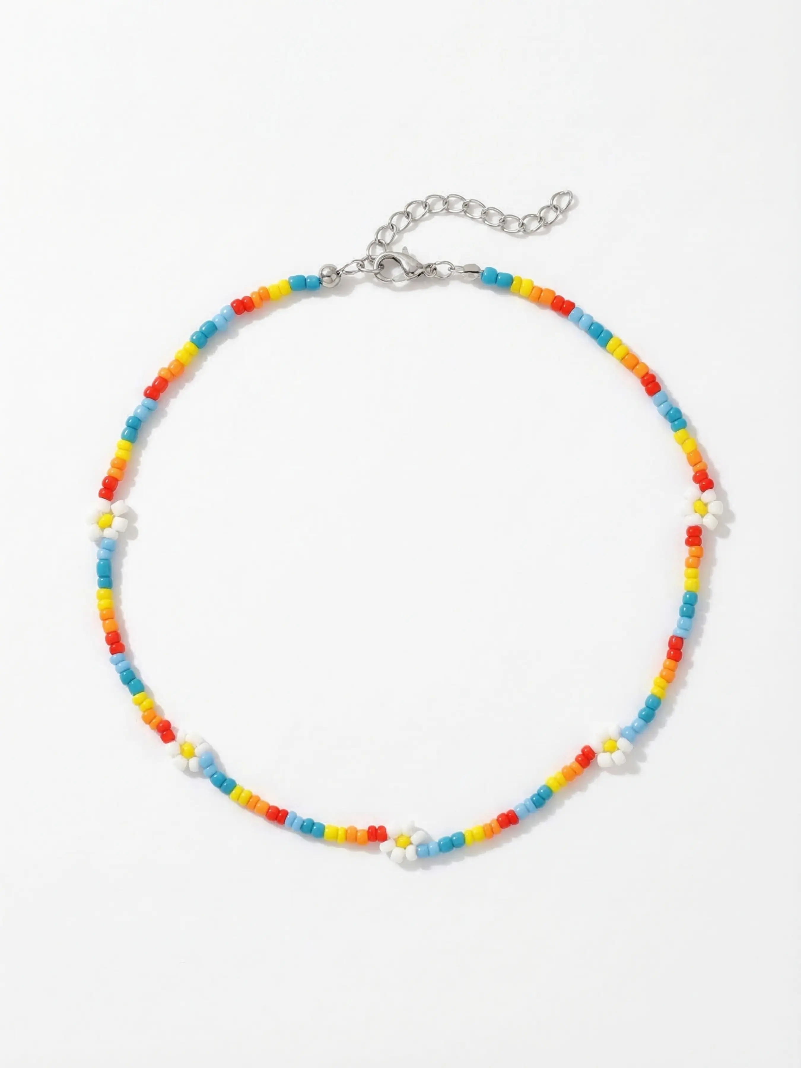 Rainbow Beaded Small Flower Necklace, Handmade Knitted Vacation Style Choker, Gift Boxed Jewelry for Women