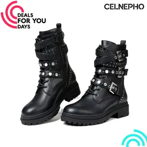 CELNEPHO Ankle Boots for Women Round Toe Gothic Combat Boots Durable Block Heel Platform Boot Side Zipper Closure Metal Buckle Fashionable Rhinestone Rivets Military Motorcycle Boots for Work Music Events Casual Party Dress Shoes Black Deals For You Days