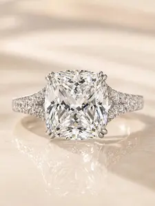 Effinny Tarnish-resistant 925 Sterling Silver 4.0ct Split Shank Cushion 14K Gold Plated Engagement Ring, CZ Elegant Women's Fashion Design Promise Jewelry, Engagement Rings, Anniversary