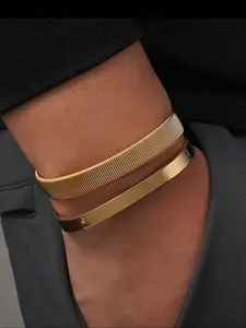 Men's Stainless Steel Stackable Bracelet Set, Cute Rectangular Open Design, Fashionable Daily Wear Jewelry Gift for Holidays