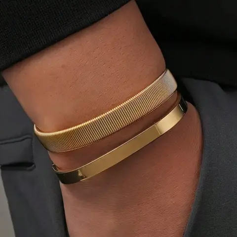 Men's Stainless Steel Stackable High Quality Bracelet Set, Rectangular Open-Design Jewelry for Daily Wear, Ideal Gift for Holidays, Stacked Design Bracelets
