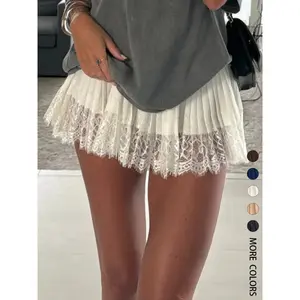 Lace Mini Skirt Women Low Rise Pleated Ruffle Tiered Half Slip Elastic Waist Flowy Mesh Sexy Short Underskirt Fit Casual Womenswear