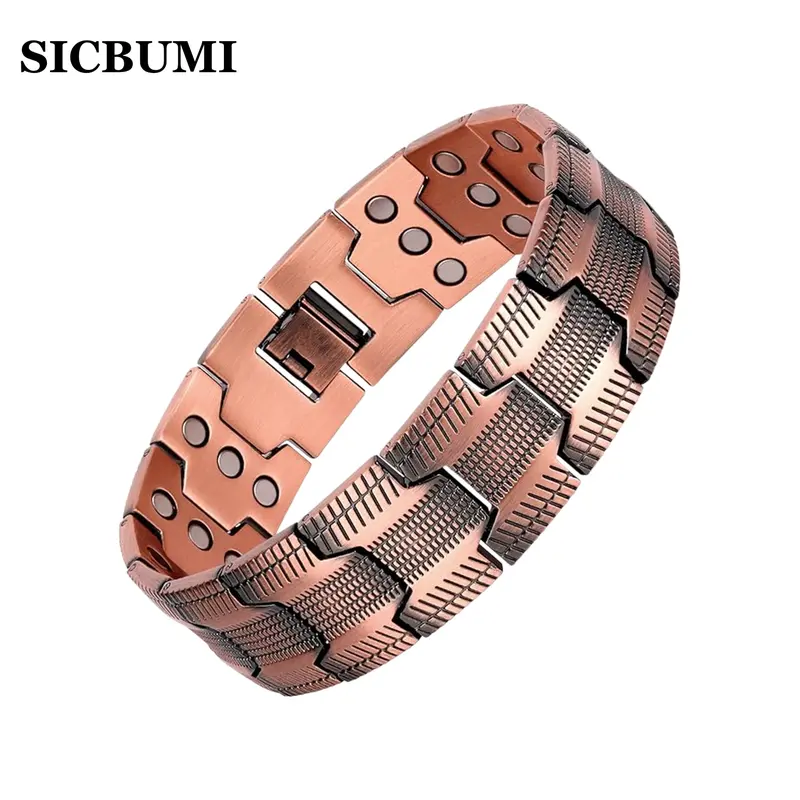 Sicbumi Men's Solid Copper Metal for Authentic High Quality Bracelet - Triple Wide Tyre Carved Link Bracelet with 3500 Gauss Magnets, Masculine Look Elevates Daily Outfits, Ideal Father's Day Gift