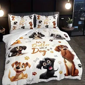 Cute Dog Print Bedding Set, 2-3pcs (1 Fitted Sheet + 1-2 Pillowcases), High Definition, All Seasons, Home & Dorm Use