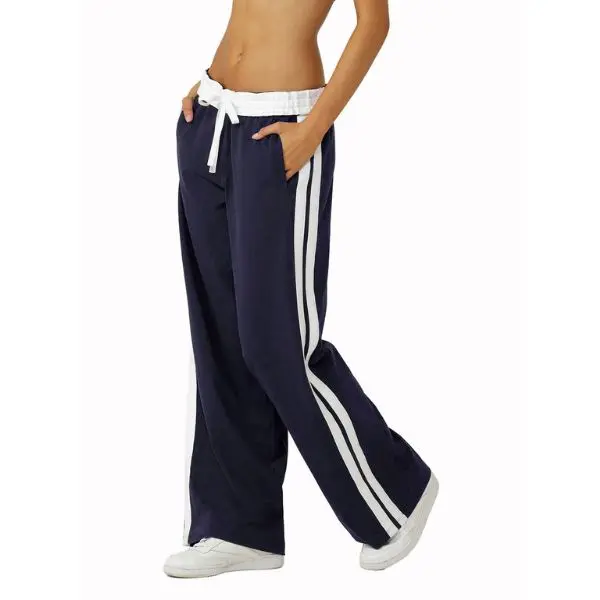 Fisoew Women's High Waisted Wide Leg Sweatpants - Y2K Baggy Striped Crop Joggers with Drawstring, Smooth Activewear Sportswear for Streetwear Matching
