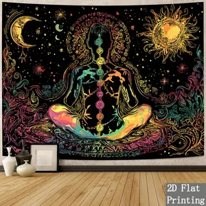A Single Piece of Colorful 2D Flat Fabric Featuring a Spiritual Chakra And Cosmic Design, Showcasing The Chakra System. This Vibrant Wall Hanging Is Perfect for Your Living Room, Bedroom