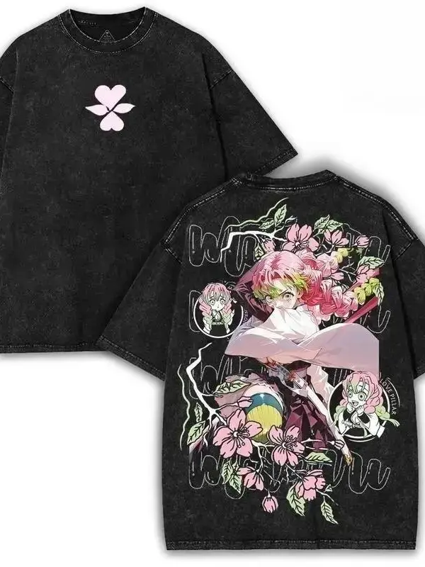 Men's Demon Slayer Printed Washed Casual Distressed Festive Tshirt - Unisex Menswear Short-Sleeve Top for Everyday Fit