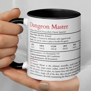 D&D inspired custom Dungeon Master Mug, Funny DnD Stat Block Gift for Tabletop Gamers, Game Masters, RPG Lovers, and Fantasy Roleplayers