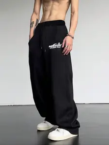 Men's Casual Loose-Fit Graphic Letter Patched Sweatpants, Drawstring Waistband, All-Season Comfortable Pants, Perfect for Daily Wear & Outdoor Activities