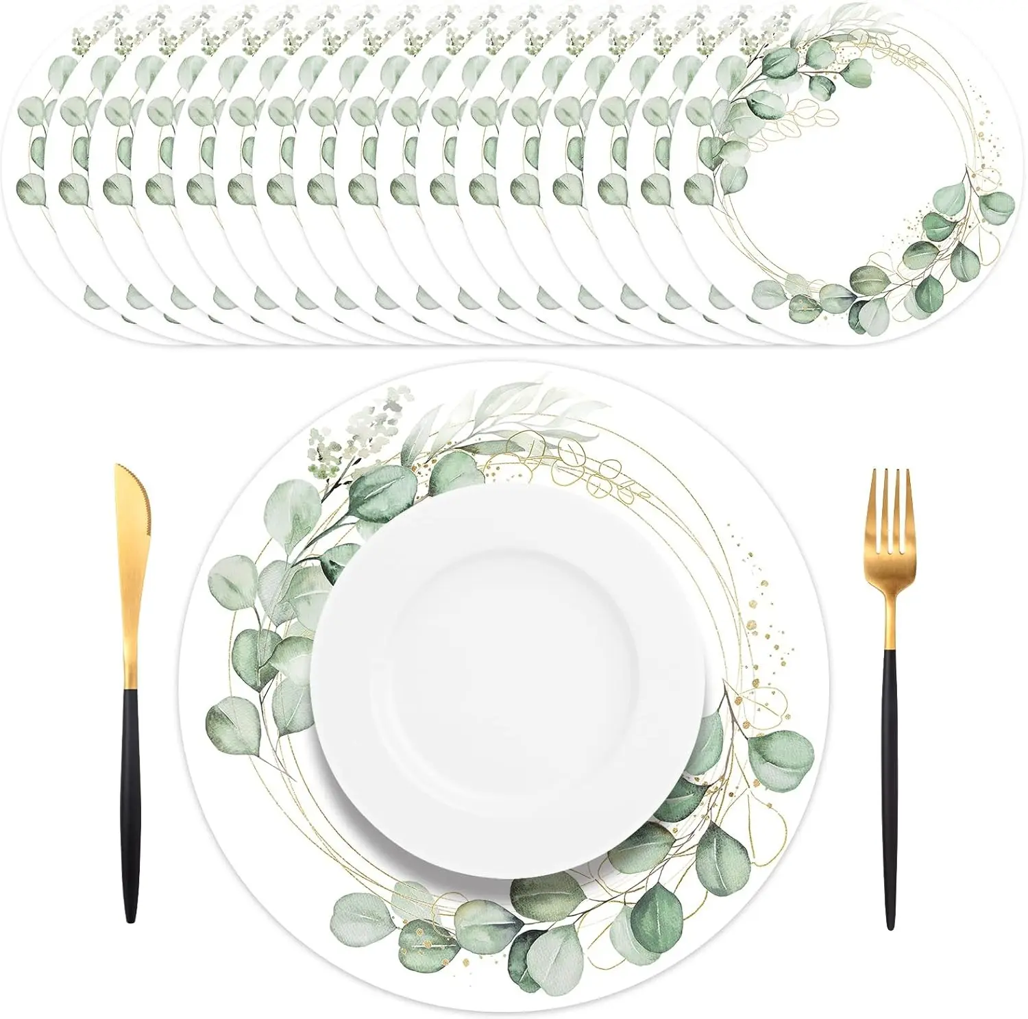50PCS Eucalyptus & Gold Disposable Paper Placemats 13.5 Inch Summer Round Eucalyptus Leaves Table Mats for Wedding Anniversary Bride Party Supplies