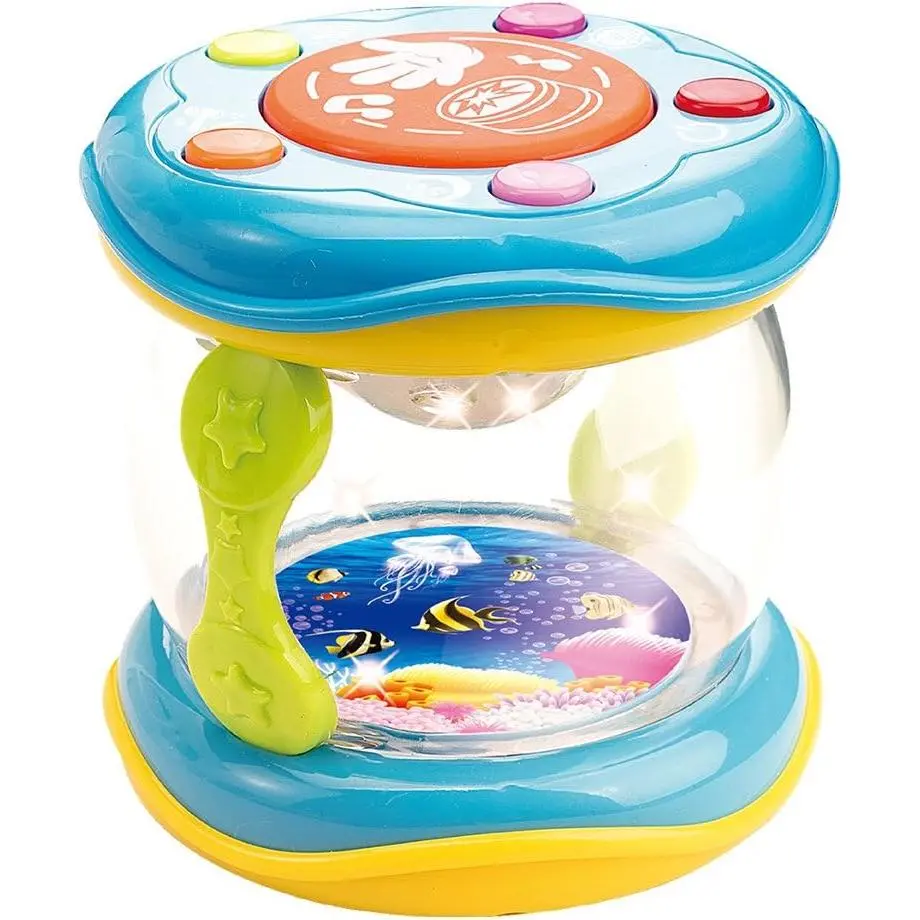 Baby Drum Sensory Sound Toy for 6+ Months, BPA-Free Portable Percussion Instrument with LED Lights, Lullabies, and Ocean Sounds for Cognitive Development