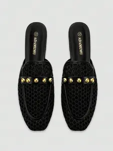 Adamumu Summer New Luxurious Casual Mesh Woven Mules, Studs Square Toe Flat Shoes, Breathable Cool Comfort for Daily Wear