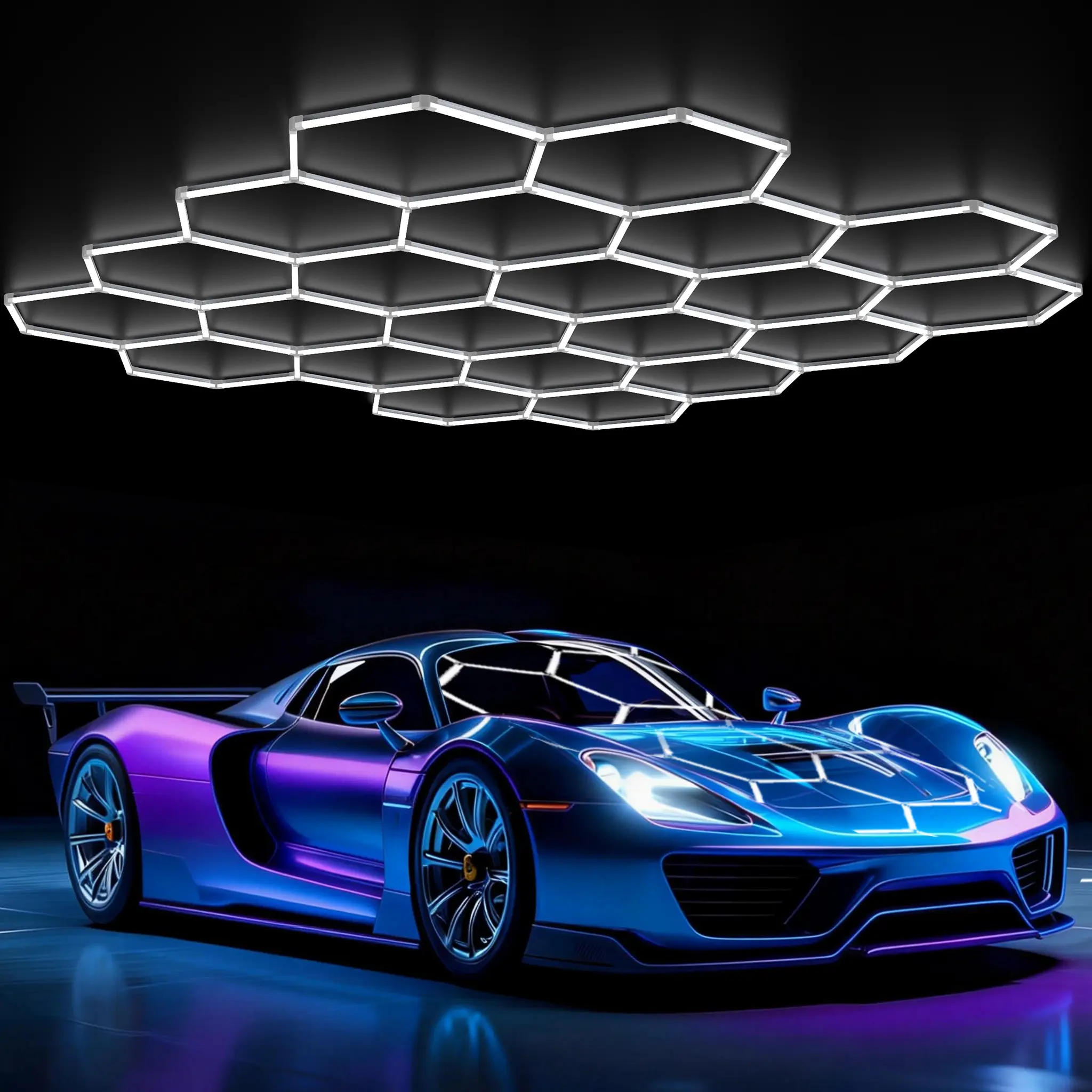 Glitgate DIY Hexagon Ceiling Light, Honeycomb Garage Light Ultra Bright Dimmable Hexagonal LED Lighting System, Modular Ceiling Light Easy Install for Garage Workshop Shop Supermarket Mall Car Show Basement Gym