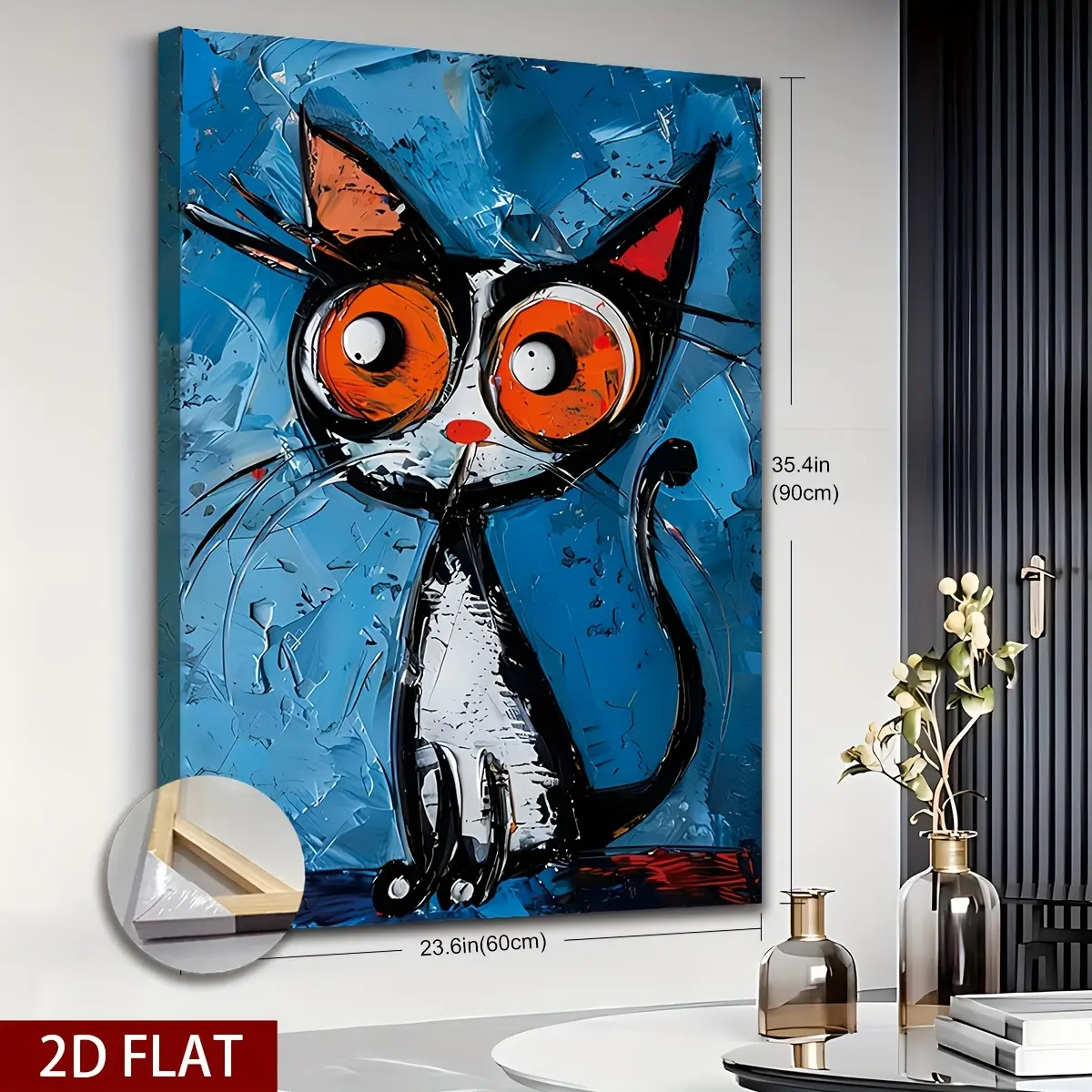 2D Flat, 2D Flat 1pc Wooden Framed Extra Large Canvas Wall Art, Confused Cat Canvas Print, Cat Pop Art, Colorful Cat Print,, Framed and Ready to Hang