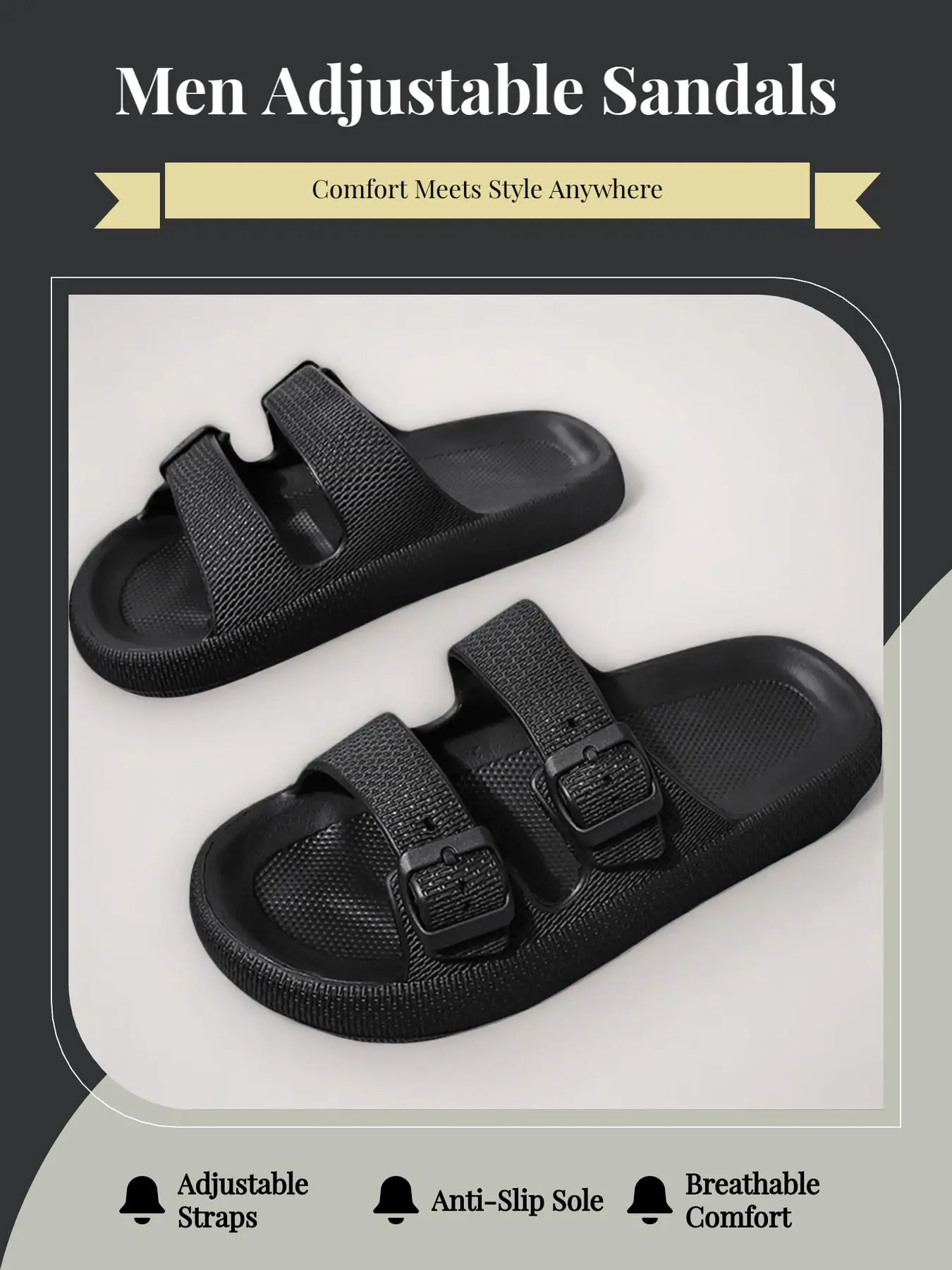 Men's Adjustable Double Strap Slides, Thick Cushion Cloud Slippers, Non-Slip Wear-Resistant for Home, Outdoor & Beach
