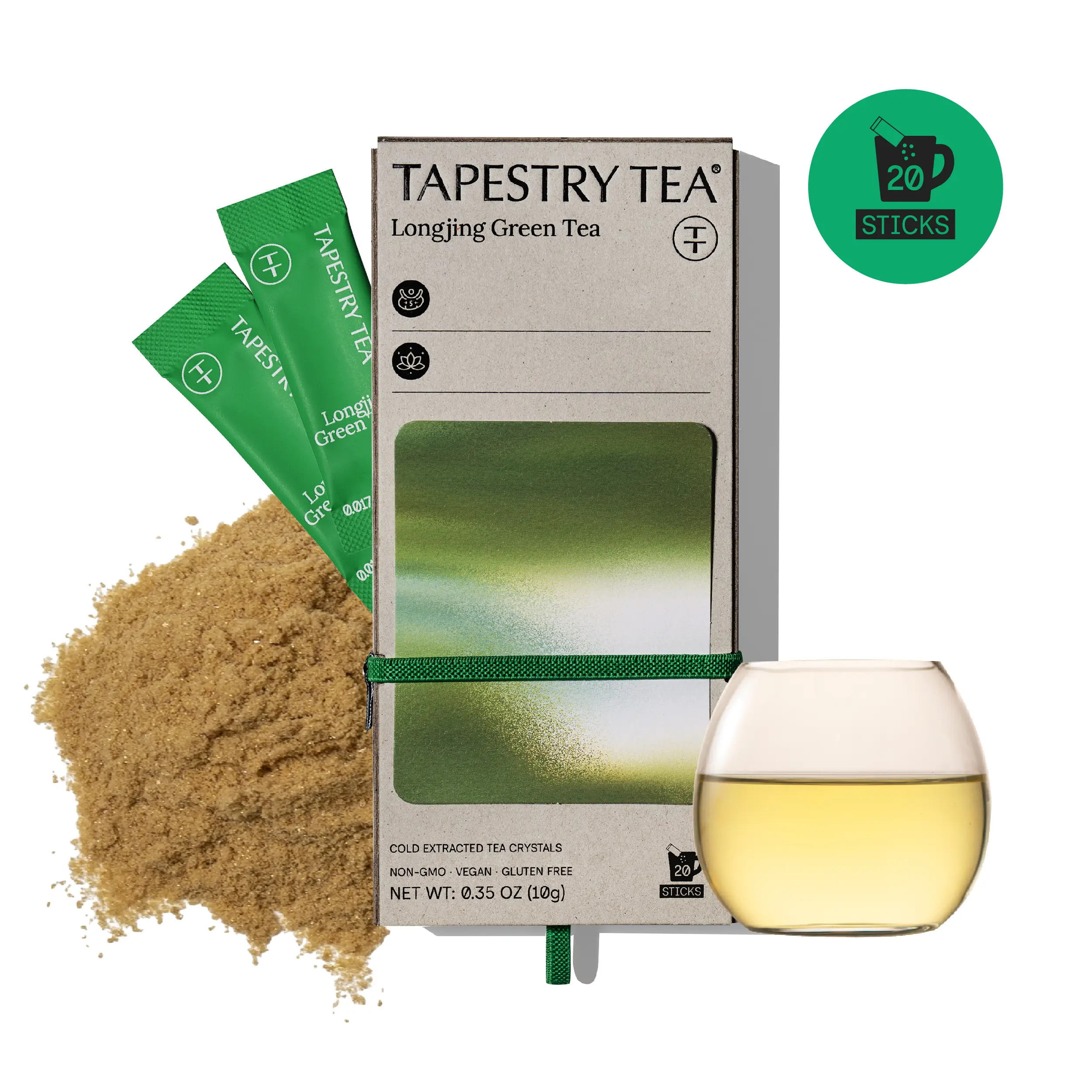 Tapestry Tea Premium Longjing Green Tea Crystals | 3 Seconds to Daily Vitality | Hot or Cold Brew | 100% Whole Leaf Cold-Extracted Instant Tea Powder | 20 Sticks