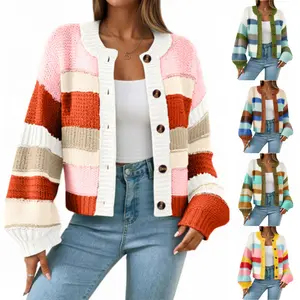 UANEO Women's Striped Chunky Cardigan Sweaters Button Up Fall Trendy Color Block Long Sleeve Knit Sweater Coats Fallfreshness Knitwear Womenswear