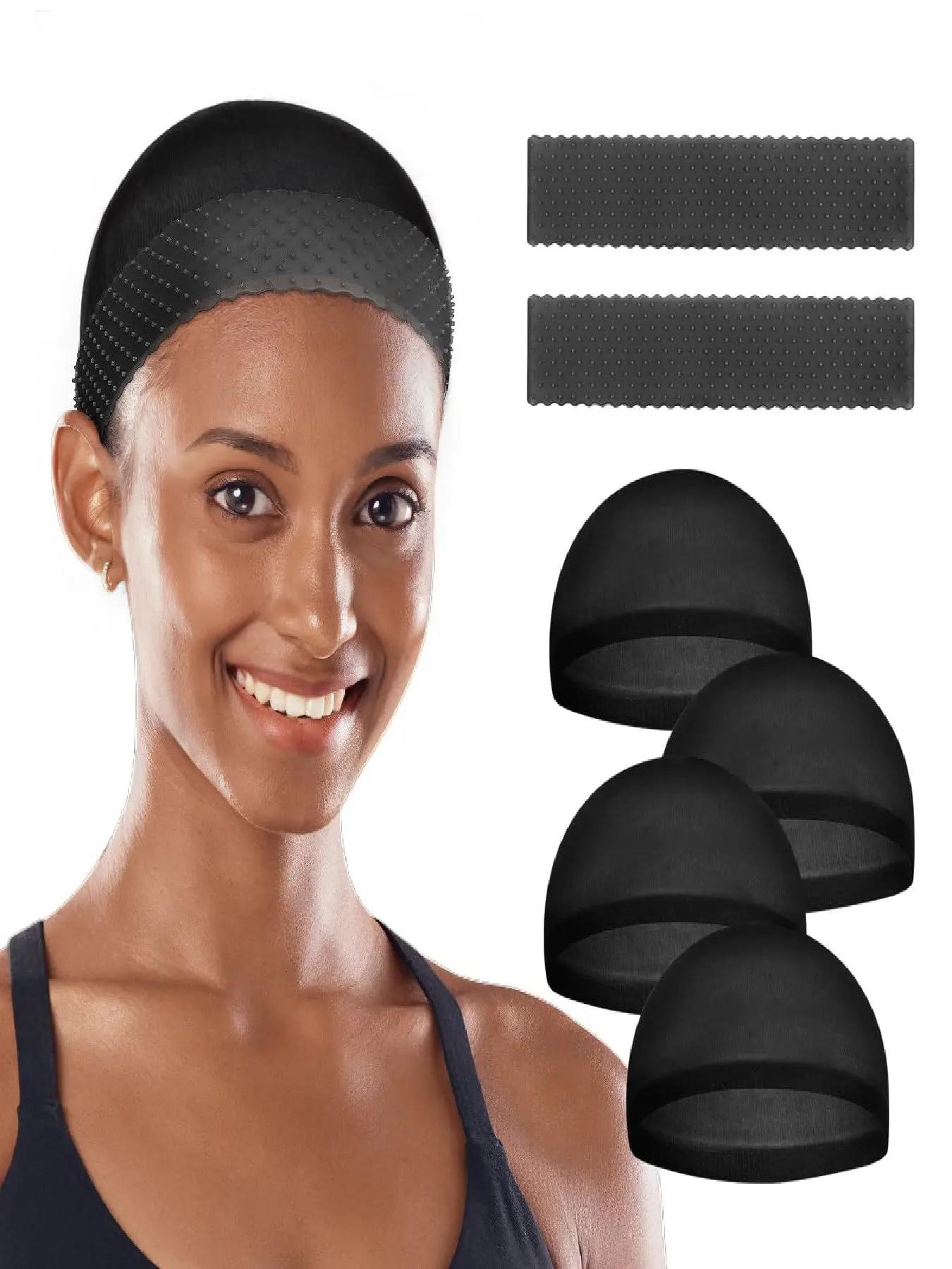 Silicone Wig Grip Band, 6-Piece Set with 2  Silicone Wig Grip Band and 4 Pcs（2Pack）Stocking Caps black Wig Grip Band Wig Tape Hair Extensions Tape