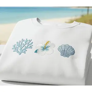 Coral Seashells Tropical Flower Embroidered Shirt, Coastal Summer Embroidery Tee, Beach Aesthetic Crewneck, Island Vacation Sweatshirt